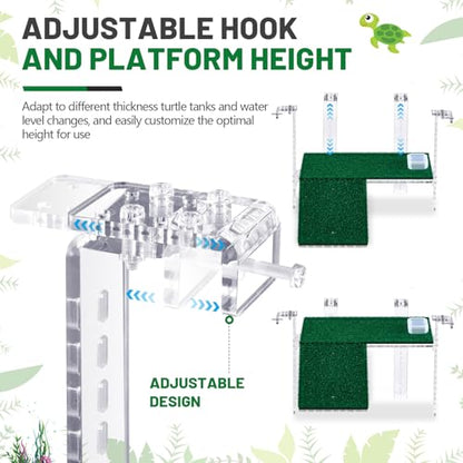 Reallnaive Adjustable Hanging Turtle Basking Platform with Artificial Grass 11 x 5.7 Inch Sturdy Acrylic Aquatic Reptile Ramp Dock Fits 0.3"-2" Thick Tank Salamander Frog Turtle Tank Accessories - size: 11 x 5.8 Inch