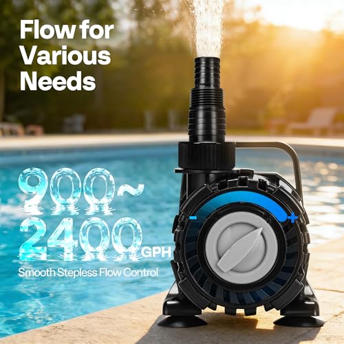 VIVOHOME 150W Pond Pump, 900-2400GPH Adjustable Flow Submersible Water Pump | Stepless Flow Control, 18ft Max Lift, 180° Seamless Adjustable Nozzle, Barrier Pump Bag, 20ft Power Cord - size: 900-2400GPH