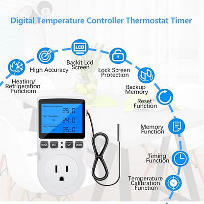Diymore Digital Thermostat Controller - Plug-in Temperature Controller for RVs, Reptile Terrariums, and Greenhouses (1800W, -40°F to 248°F) - color: Plug in Digital Thermostat