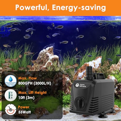 AquaMiracle Submersible Water Pump Aquarium Water Pump with Flow Control, Pond Pump Fountain Pump for Pond, Fountain, Waterfall, Statuary, Water feature, Hydroponics (800GPH, 55W) - size: 800GPH, 55W
