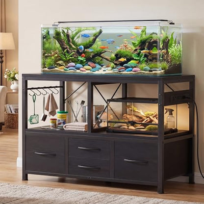 Heybly 55-75 Gal Fish Tank Stand with Drawer, Power Outlet, Black HAS005BK | Aquarium Stand, Heavy Duty, for Fish Tank, Turtle & Reptile Terrarium, 48" L × 18.1" Top, 660lbs (Top)+400lbs(Mid) - color: Black, size: 55-75 gal