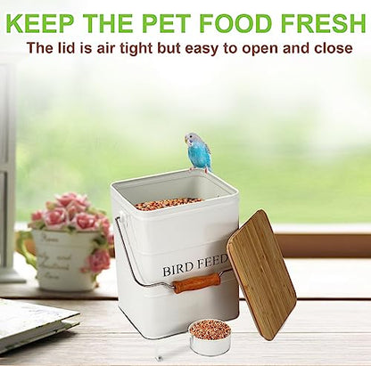 Bird Seeds storage container,Bird Seed Container,Metal food tin for Birds, pet snacks Canisters with wooden lid/handle/sevice scoop,hold 5-6 lbs - color: Bird-White