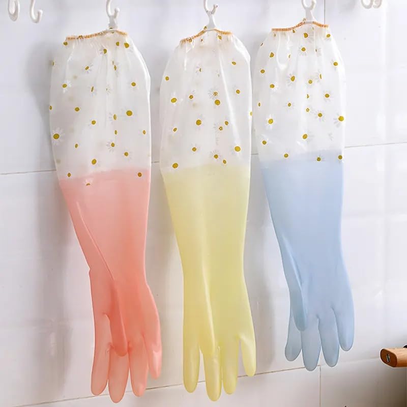 Reusable Rubber Latex PVC Flock Lined Long Elbow Hand Gloves | 3 Pair Combo, Safety Gloves for Dish-Washing, Cleaning, Gardening, Laundry, Sanitation, and Lab Work