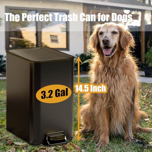 Metal Dog Pooper Scooper for Yard - Dog Poop Trash Can Outside with Pedal | 3.2 Gal Pet Waste Container Outdoor - Stainless Steel Garbage Bucket with Lid - Trash Bin, Long Handle Tray and Rake - Black