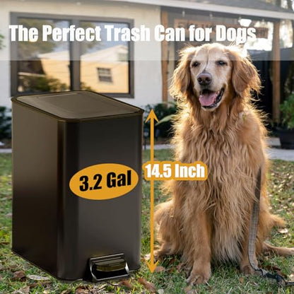 Metal Dog Pooper Scooper for Yard - Dog Poop Trash Can Outside with Pedal | 3.2 Gal Pet Waste Container Outdoor - Stainless Steel Garbage Bucket with Lid - Trash Bin, Long Handle Tray and Rake - Black