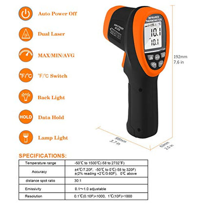 Infrared Thermometer -58℉- 2732℉ (-50℃~1500℃) Dual Laser Pyrometer | High Temperature IR Thermometer 30:1DS,Adjustable emissivity 0.1-1.0 ,Hi/Lo Temp Alarm, for Furnace Forge Kiln - color: AP-2732 Orange