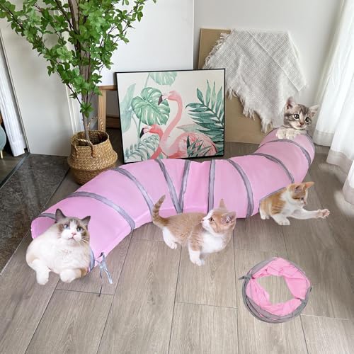 2-Way Long Collapsible Cat Tunnel Tube Toy Pink | Interactive Play Tunnel with Peek Hole for Indoor Cats, Kittens, Puppies & Rabbits | Hours of Fun & Exercise - color: Pink Grey