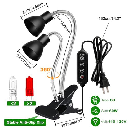 Heat Lamp for Reptile,UVA UVB Light for Turtle,Bearded Dragon Basking Light Bulbs,Dimmable 360°Gooseneck UV Heating Lamp W/ G9 Mini Halogen Bulbs 60W (White*2，Red*2) for Tortoise/Snake/Lizard