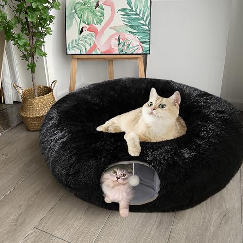 Cat Bed Tunnel Tube Toy Black Plush | Round, Collapsible Pet Tunnels for Indoor Cats, Interactive Toys Play Tubes with Hanging Ball for Kitten, Puppy, Rabbit - color: Black Plush