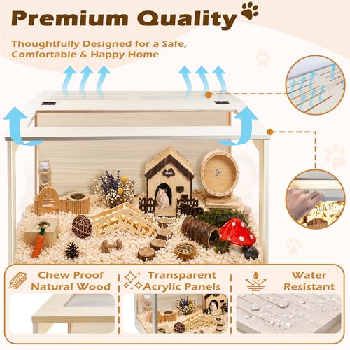 PROLEE Hamster Cage with Chewproof Wood Top, Guinea Pig Cages, Hamster Habitat with Clear Acrylic Sheets Solid Built, Small Animal Cage (Oak, 24X15.5X15.5 inch) - color: Oak, size: 24.0"L x 15.5"W x 15.5"H