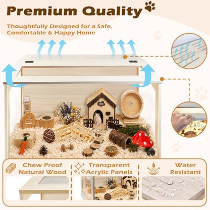 PROLEE Hamster Cage with Chewproof Wood Top, Guinea Pig Cages, Hamster Habitat with Clear Acrylic Sheets Solid Built, Small Animal Cage (Oak, 24X15.5X15.5 inch) - color: Oak, size: 24.0"L x 15.5"W x 15.5"H