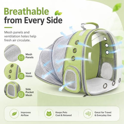 Expandable Cat Carrier Backpack with Bubble Window and Mesh, Light Green | Anti-collapse frame, breathable mesh, escape-resistant zipper clips and safety leash for vet visits and outdoor travel. - color: LightGreen