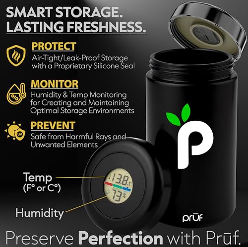 Prūf Jar with Built-In Humidity & Temperature Monitor (Hygrometer) – Airtight 500ml UV-Proof Glass Storage Jar with Silicone Seal – Humidity Control – Includes 2 Boveda 62% (8g) Packs – by Hygenix