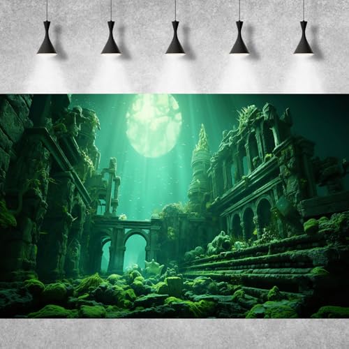 Underwater Aquarium Background Undersea Roman Building with Plants Around Seabed Fish Tank Background Underwater Building Stone with Moss Terrarium Background Undersea Aquarium Backdrop 24x12in - color: Ocean Green, size: 24(W)x12(H)in