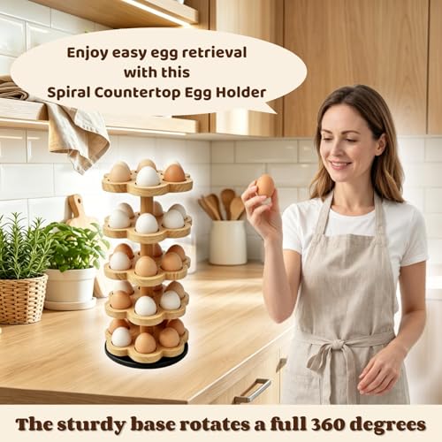 360° Rotating Wooden Egg Holder for 30 Eggs (Wood) | petal-shaped tray, 5 tiers, 6 egg slots per layer, solid wood, farmhouse countertop organizer, for kitchen and Easter display - color: Wood