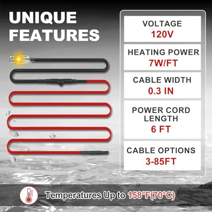 MAXKOSKO 7ft Heat Tape for Pipes with Thermostat Water Line Heating Cable | Pipe Heat Trace for Metal & Plastic Pipes Freeze Protection, On Below 38°F, Off Above 50°F, 120V 7W/ft - style: 7-feet