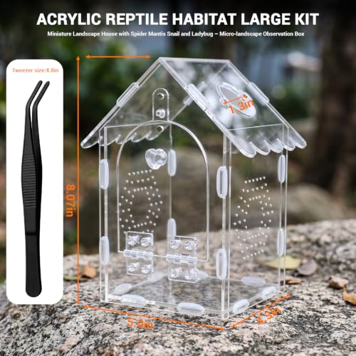 Jumping Spider Enclosure Acrylic Terrarium with Magnetic Lock, Feeding Port | Ventilation，Accessories Included，360° Clear View，Easy to Assemble，Ideal for Mantises Tarantulas Snails
