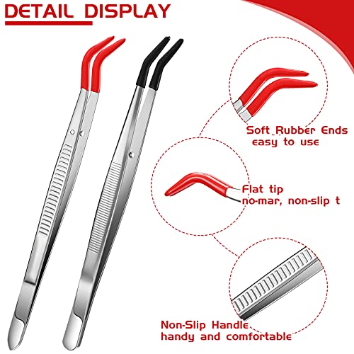 Honoson 2 Pieces Tweezers Curved Bent Tip Tweezers with Rubber Silicone Tips PVC Coated Non Marring Soft Long Rubber Stainless Steel Tools for Jewelry Crafts(Red, Black) - color: Red, Black