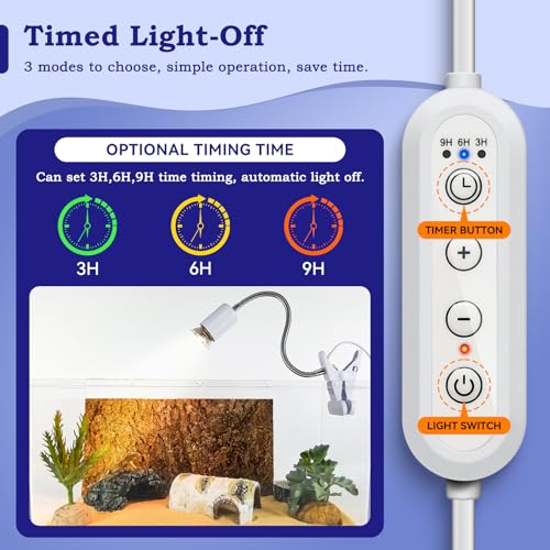 50W UVB/UVA Heat Lamp with Timer for Turtles & Reptiles White | 360° adjustable head with heavy-duty metal clamp; heat switch & timer. Provides basking warmth for tortoises & puppies. - color: White