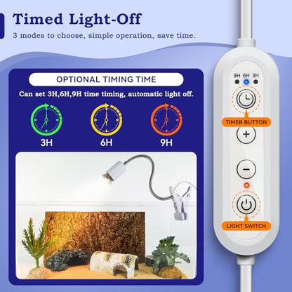 50W UVB/UVA Heat Lamp with Timer for Turtles & Reptiles White | 360° adjustable head with heavy-duty metal clamp; heat switch & timer. Provides basking warmth for tortoises & puppies. - color: White