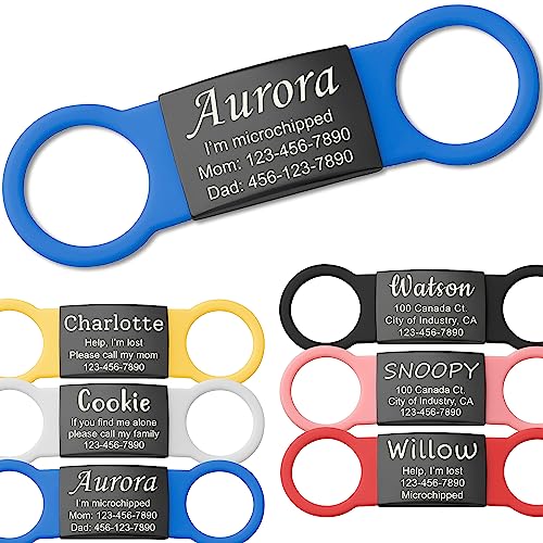 Anavia Slide On Silent Pet ID Tags, S/M/L/XL Personalized Black Stainless Steel Colored Silicone Cat Dog Name Tag, Customized Engraved Nameplate, Quiet Chew-Proof Pet Collar Tag (Blue, Small) - color: Blue, size: Small