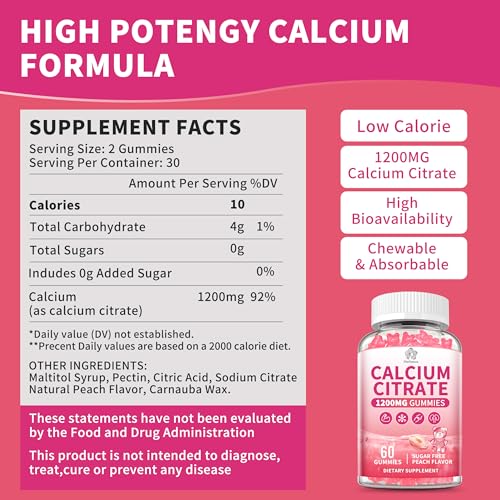 (3 Pack) Calcium Citrate Gummies 1200 mg for Adults, High Absorption Calcium Supplement for Women & Men, Sugar Free, Non-GMO, Gluten Free, Supports Muscle & Immune - Natural Peach Flavor - size: 60 Count (Pack of 3)