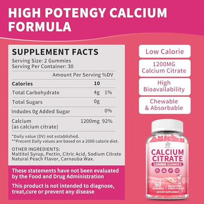 (3 Pack) Calcium Citrate Gummies 1200 mg for Adults, High Absorption Calcium Supplement for Women & Men, Sugar Free, Non-GMO, Gluten Free, Supports Muscle & Immune - Natural Peach Flavor - size: 60 Count (Pack of 3)