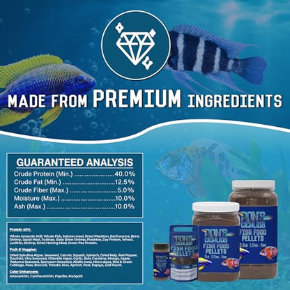 RON'S CICHLIDS African Cichlid Fish Food, Premium Tropical Fish Food Pellets with Protein, Veggies & Fruits for Healthier, Brighter & Bigger Tropical Fish & Cleaner Tanks, Mbuna Blend, 1 LB - size: 1 Pound (Pack of 1)