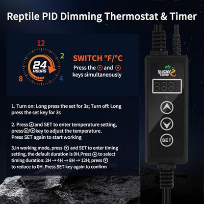 LUCKY HERP Reptile Light Fixture with Dimming Thermostat & Timer, Aluminum 8.5inch Dome Reptile Lamp Fixture, Heat Lamp Fixture for Reptile Bulb Basking Heat Bulb - size: 8.5 Inch