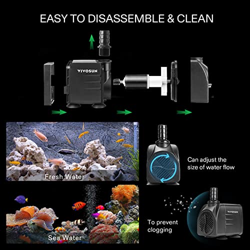 VIVOSUN 480GPH Submersible Fountain Water Pump for Pond, Aquarium, Statuary | 1800L/H, 25W, Ultra Quiet Water Pump with 7.2ft High Lift and 5ft Power Cord, 3 Nozzles for Fish Tank, Hydroponics Black - size: 6"×4"-480