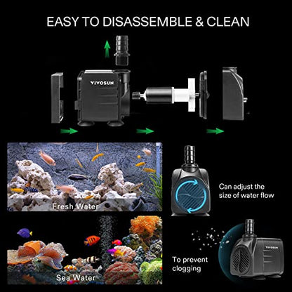 VIVOSUN 480GPH Submersible Fountain Water Pump for Pond, Aquarium, Statuary | 1800L/H, 25W, Ultra Quiet Water Pump with 7.2ft High Lift and 5ft Power Cord, 3 Nozzles for Fish Tank, Hydroponics Black - size: 6"×4"-480