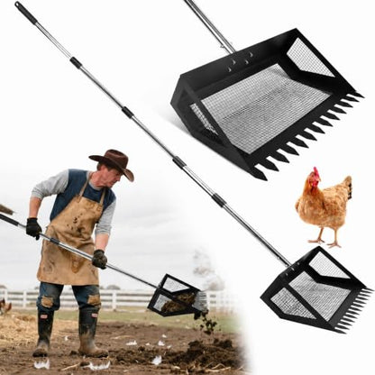 Chicken Poop Scooper Rake, 2-in-1 304 Stainless Steel 15 Inch Scoop | 39-66 Inch Adjustable Handle, Durable 304 Stainless Steel, Sand & Litter Sifting, Chicken Coop & Pet Waste Cleaning - color: Black