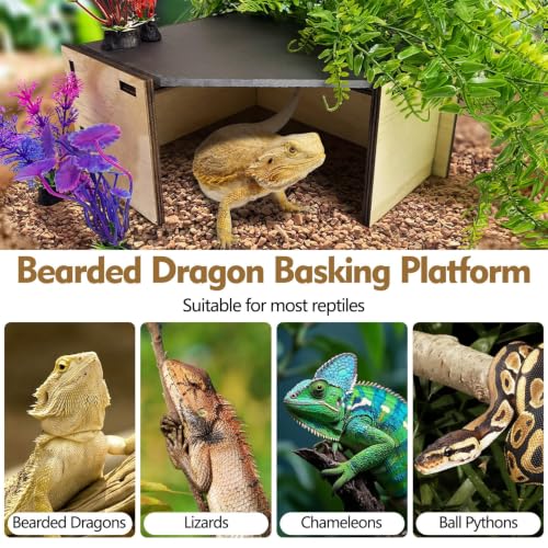 PINVNBY Large Bearded Dragon Basking Platform Wooden Snake Hide Ball Pythons Hide with Slate Rock Leopard Gecko Tank Accessories for Crested Gecko Chameleon(Triangle: 12.6 x 9.84 x 4.53 inches)