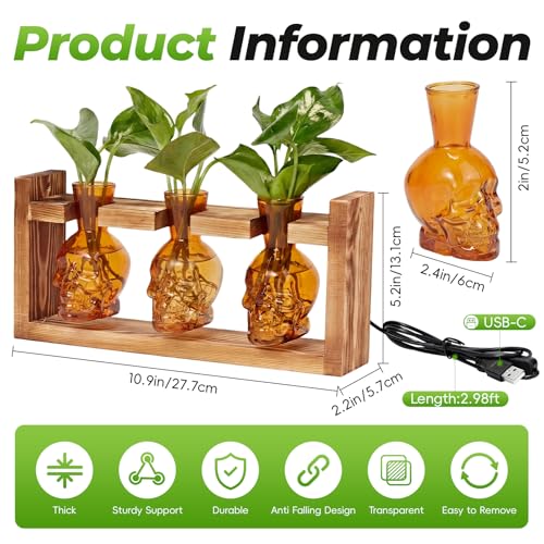 Skull Plant Propagation Station with LED Lights - Halloween Decor Skull Planter, Hydroponics Pot for Office, Unique Gifts for Women & Plant Lovers(Amber) - color: Amber