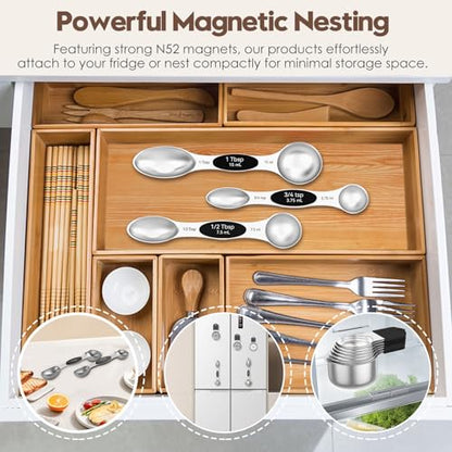 Magnetic Measuring Cups and Spoons Set – 304 Stainless Steel | Dual-Sided Markings | Space-Saving Kitchen Organizer | N52 Magnetic Nesting | 15-Piece with Leveler | Baking & Gift (Black) - color: Magnetic Measuring Cups and Spoons Set - Black