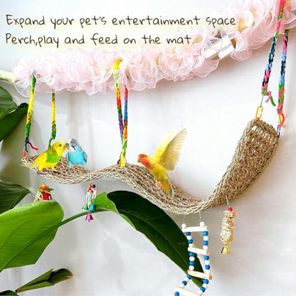 Bird Seagrass Mat 39.4×7" Long Natural Macaw Woven Net Hammock Hanging on Parrot Cage with Hooks Climbing Ladder Swing Chew Toys for Cockatoo Large Parrot Supplies - size: 39.4" × 7"