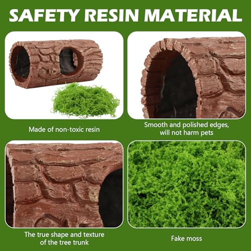 Realistic Tree Trunk Hideout with Artificial Moss, Resin Reptile Shelter for Crested Geckos, Tree Frogs & Aquarium Fish, 14.8x7.2cm Natural Decor for Terrariums(as Shown)