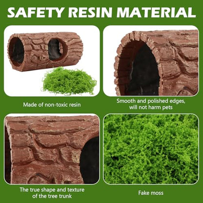 Realistic Tree Trunk Hideout with Artificial Moss, Resin Reptile Shelter for Crested Geckos, Tree Frogs & Aquarium Fish, 14.8x7.2cm Natural Decor for Terrariums(as Shown)