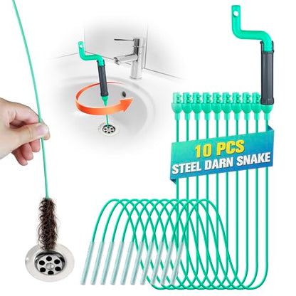 Drain Clog Remover Tool, 30-Inch Hair Clog Remover, Plumbing Snake Auger with Rotating Handle, Flexible Steel Shower Drain Snake for Cleaning Shower, Bath Tub, Easy to Use on Most Home-10 Pack