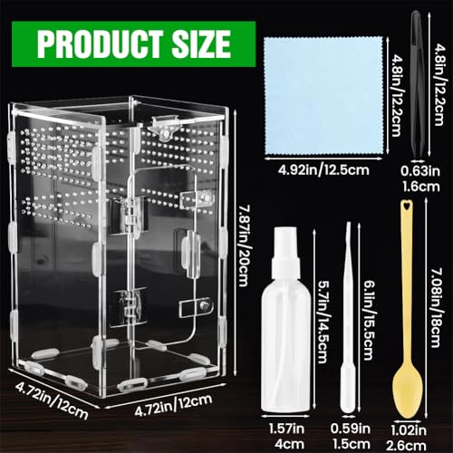 Acrylic Spider Enclosure, Jumping Spider Terrarium 4.7x4.7x7.9in | Dual access doors and micro-vent holes for feeding, misting, cleaning, and airflow