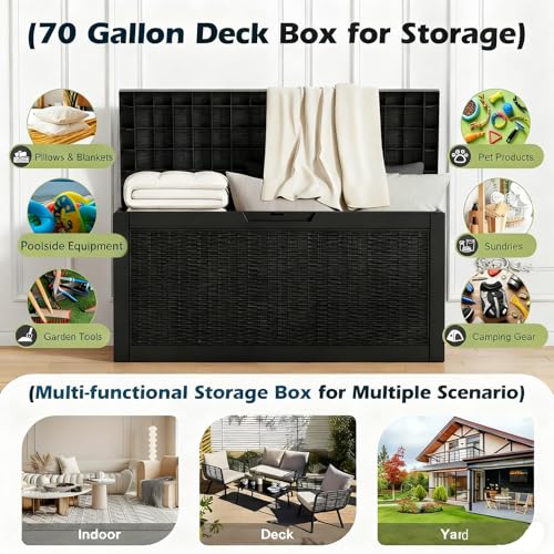 Outdoor Storage Box, Resin Deck Boxes Indoor and outdoor, Waterproof Storage Box Lockable Lid (Black, 70 Gallon) - color: Rattan Black, style: 70 Gallon