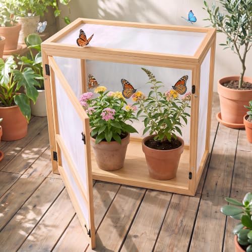 Wooden Butterfly Habitat Cage Kit Monarch Caterpillar Enclosure with Mesh Tent & Wood Frame, Detachable Insect Observation House for Kids Outdoor Garden (20") - size: 20"