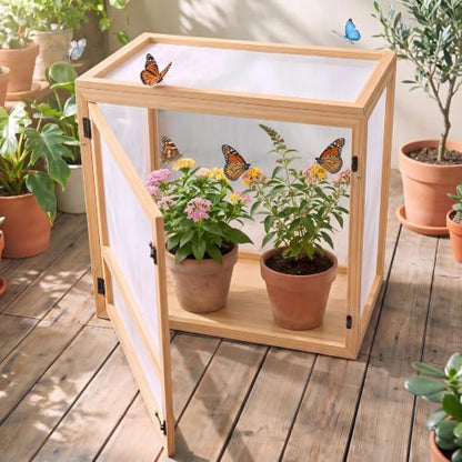 Wooden Butterfly Habitat Cage Kit Monarch Caterpillar Enclosure with Mesh Tent & Wood Frame, Detachable Insect Observation House for Kids Outdoor Garden (20") - size: 20"