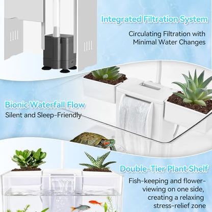 Small Turtle Tank Kit, Acrylic Turtle Starter Kit with Adjustable Lamp & Filter, Plastic Aquarium, for Turtles Crabs Crayfish Small Reptiles (with Light)