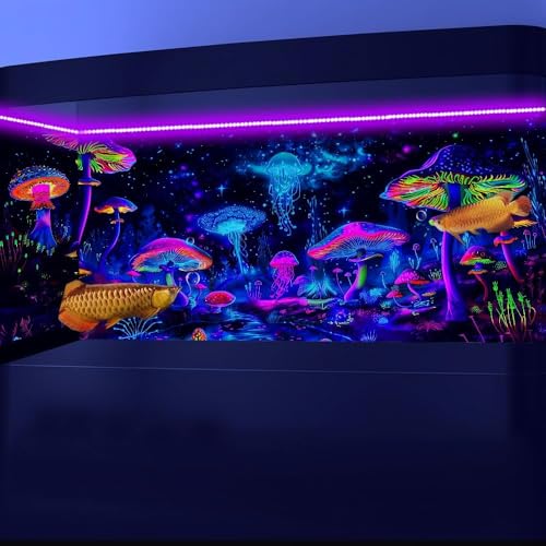 72X24IN Blacklight Mushroom Jellyfish Aquarium Background UV Reactive Background Starry Sky Terrarium Background with 10 EVA Double-Sided Tape - size: 72X24in/180X60cm