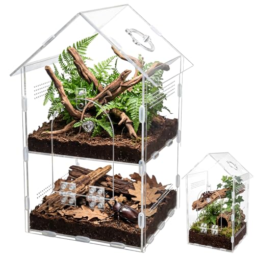 Acrylic Jumping Spider Enclosure,7.9"×7.5"×13.8", 2-Layer Arboreal Tarantula Enclosure with Partition & Feeding Hole, for Gecko Amphibians Chameleon & Small Reptiles