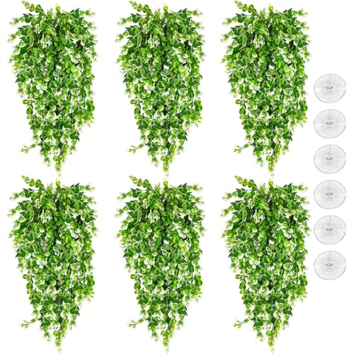 Hamiledyi 6 PCS Hanging Fake Plants for Reptiles, Fake Reptile Plants for Reptiles Tank with Suction Cup, Reptile Plants Jungle Hanging Vines for Bearded Dragon Tank (Green and White) - size: 6 PCS