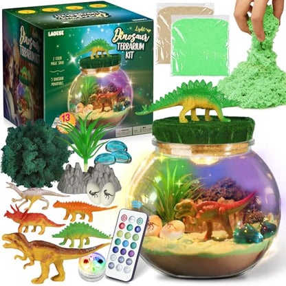 Dinosaur Terrarium Kit, Dinosaur Toys for Kids 5-7, Birthday Gifts for Boys | DIY terrarium with 13 LED colors and 5 dinosaur miniatures; science craft kit and birthday gifts for boys ages 5-12 - style: Dinosaur Kit