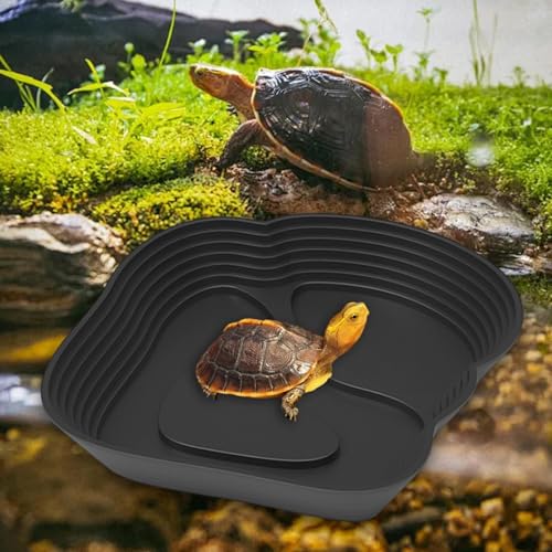 Reptile Water Dish with Ramp, 12.6 x 11.6 in Tortoise Bath Bowl for Bearded Dragons and Semi-Aquatic Pets, Black - color: Black