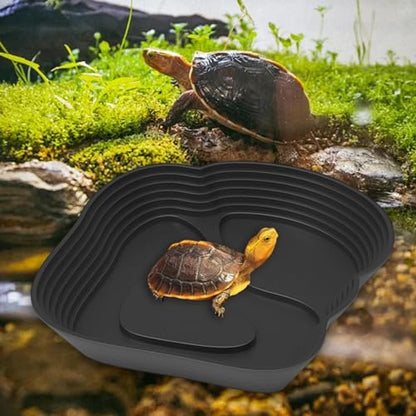 Reptile Water Dish with Ramp, 12.6 x 11.6 in Tortoise Bath Bowl for Bearded Dragons and Semi-Aquatic Pets, Black - color: Black